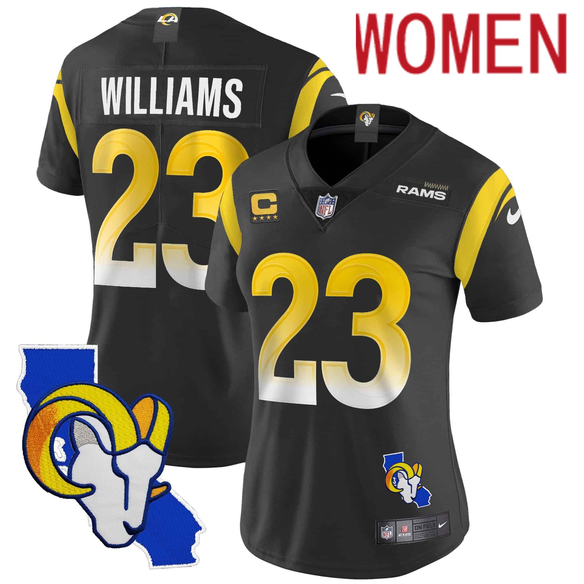 Women Los Angeles Rams #23 Williams Black 2024 Nike California Patch Vapor Limited NFL Jersey style 1
